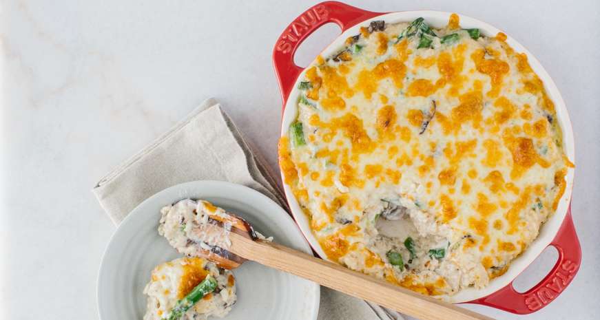 Asparagus and rice gratin in Staub pie plate