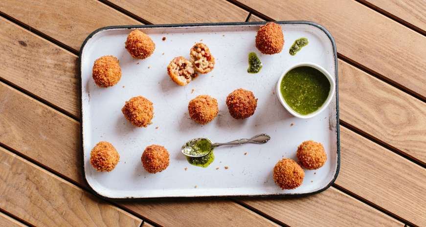 rice fritters with collard green pesto