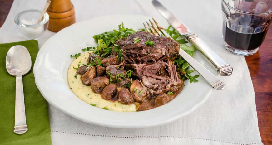 Virginia Willis' Red Wine-Braised Short Ribs with Herbed Grits