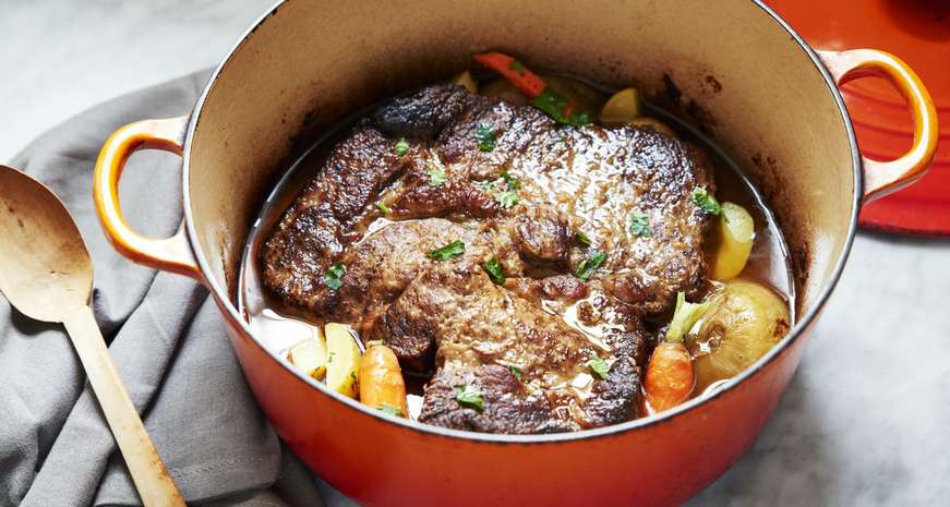 pot roast cooked in a Le Creuset Dutch oven
