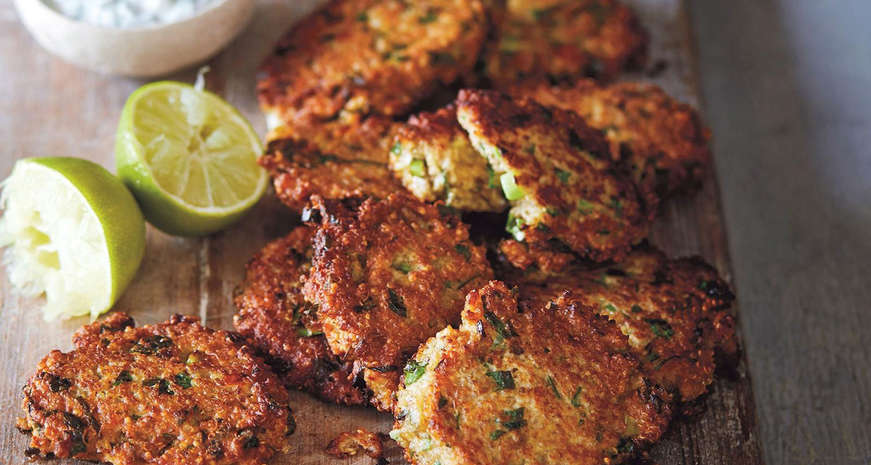 Quinoa fritters with feta, green goddess dressing